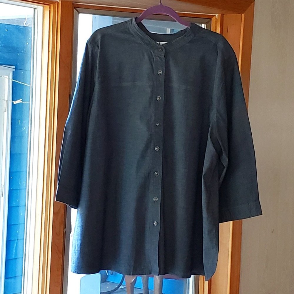 Denim & Co. 3/4 Sleeve Stretch Denim Button Front Woven Shirt, 3X, Blue